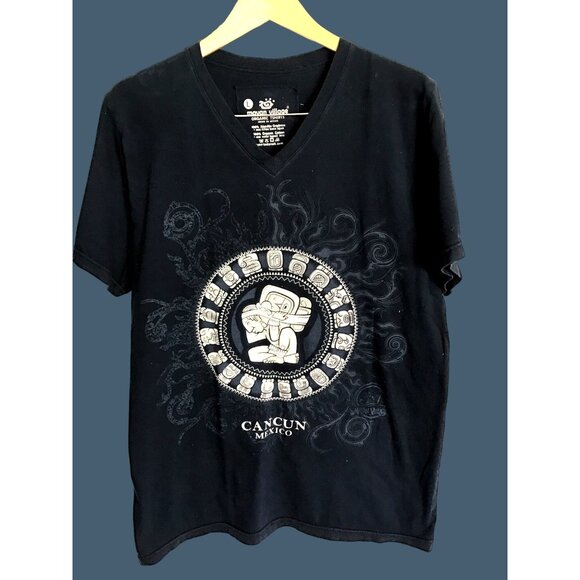 MAYAN VILLAGE-MENS BLUE SHORT SLEEVE ORGANIC COTTON GRAPHIC T-SHIRT SIZE LARGE - Picture 1 of 7
